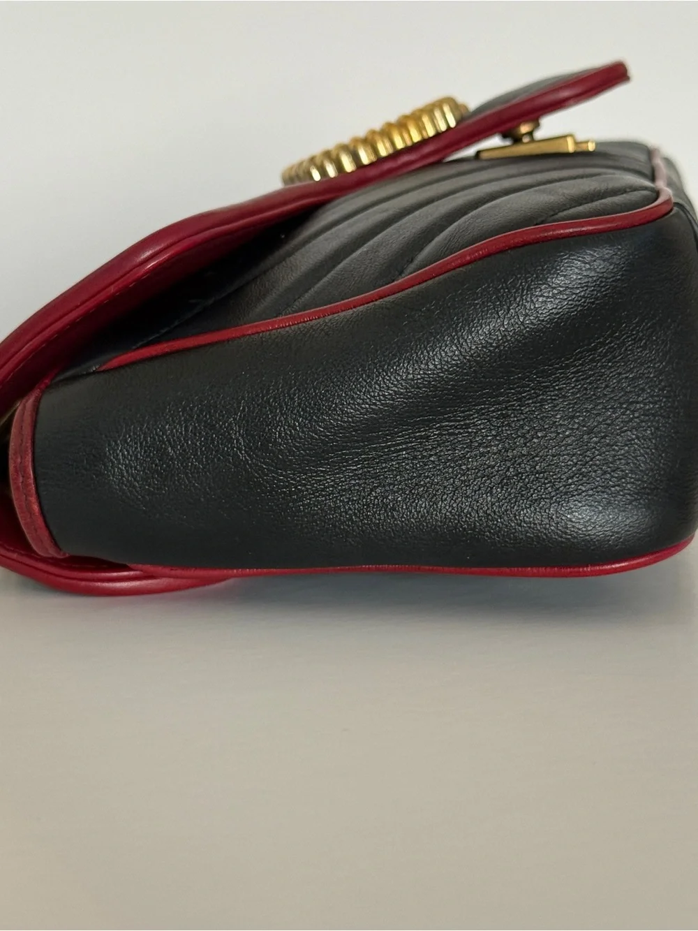 Gucci GG Marmont Medium Diagonal Black Bag Burgundy Trim Gold Hardware